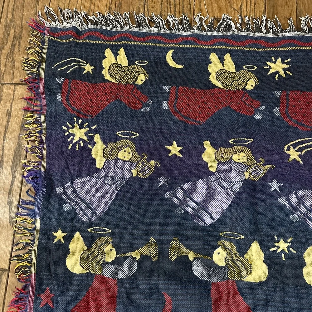 Vintage Angel Tapestry Throw Blanket Christmas Woven Fringe Nativity 44x55”